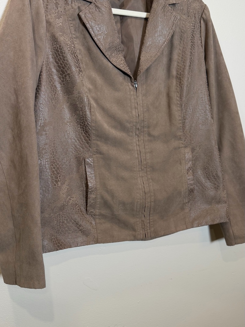 Taupe Faux-Suede Zip-Front Jacket with Subtle Snake-Embossed Panels